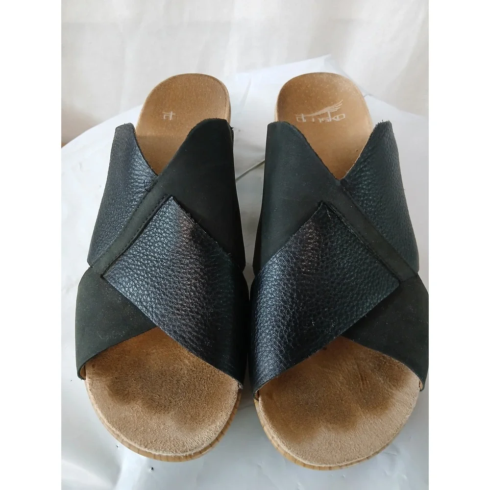 Dansko Miri Black Genuine Leather Criss Cross Slide Sandals Platform 39 US 8.5